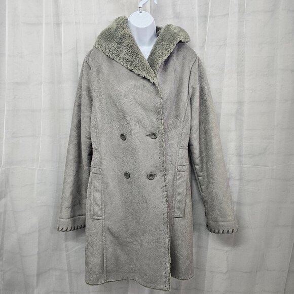 Green Gray Faux Shearling Pennylane Hooded Coat Boho Retro Faux Fur Size L - Picture 1 of 14